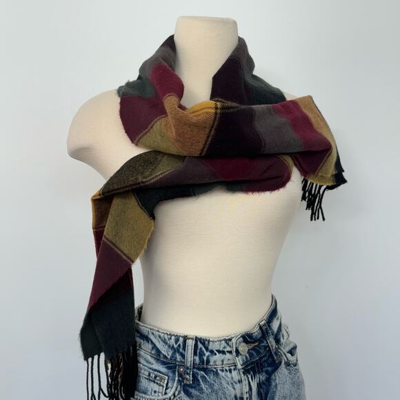 Plaid Cashmere Oblong Scarf Made in England Fringe Trim Brown Yellow Black - Picture 7 of 7